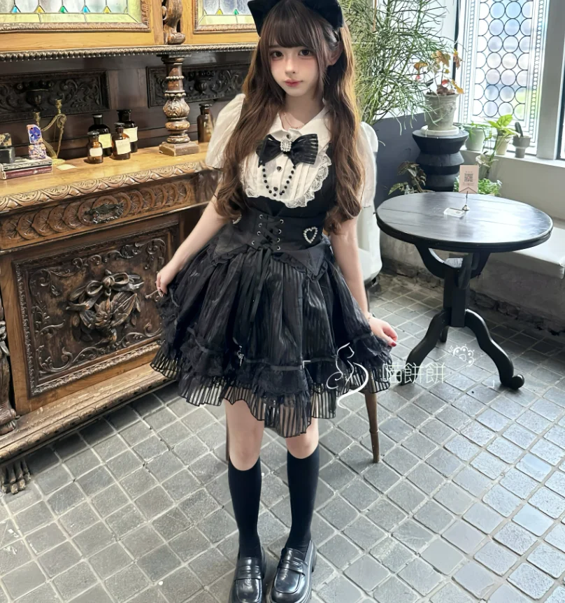 Japanese Dark Gothic Lolita Stripe Lace Bow Dress Fashion High Waist A-line Personalized Lace-up Vest Daily Short Sleeve Dresses