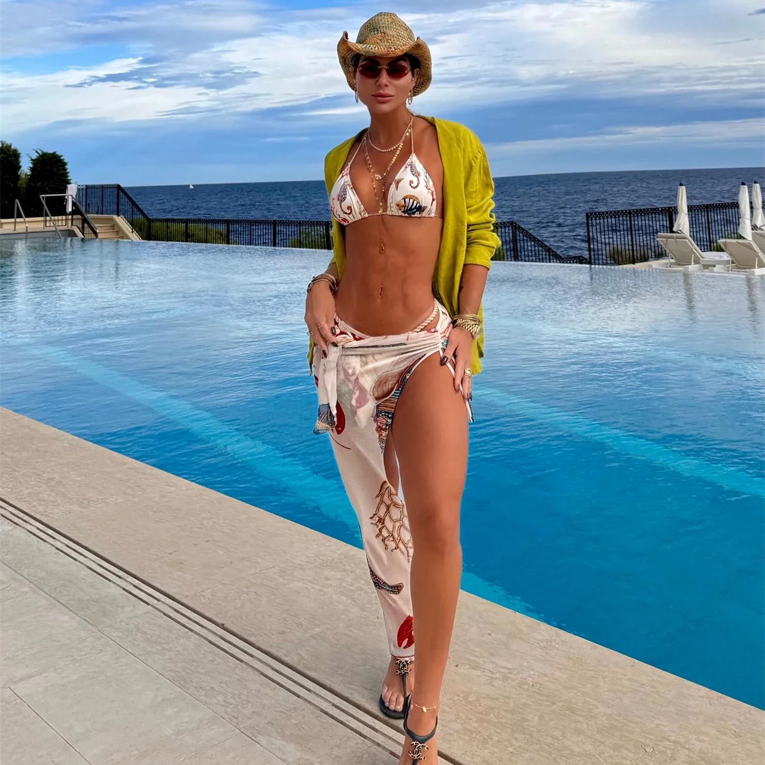 3 個オーシャンプリントビキニカバーアップ女性水着セクシーな水着女性 Biquini カットアウト水着ボディスーツビーチウェア