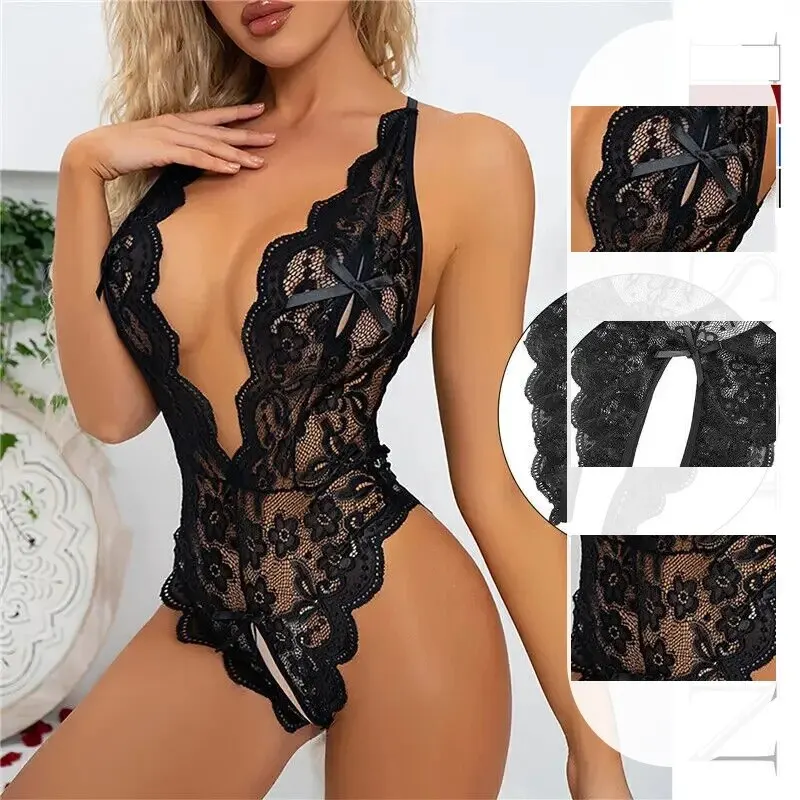 Women New Sexy Fashion Backlesss One Piece Deep V Lace Bodysuit Lace Bow Bra Cross Strap Sexy One Piece Set