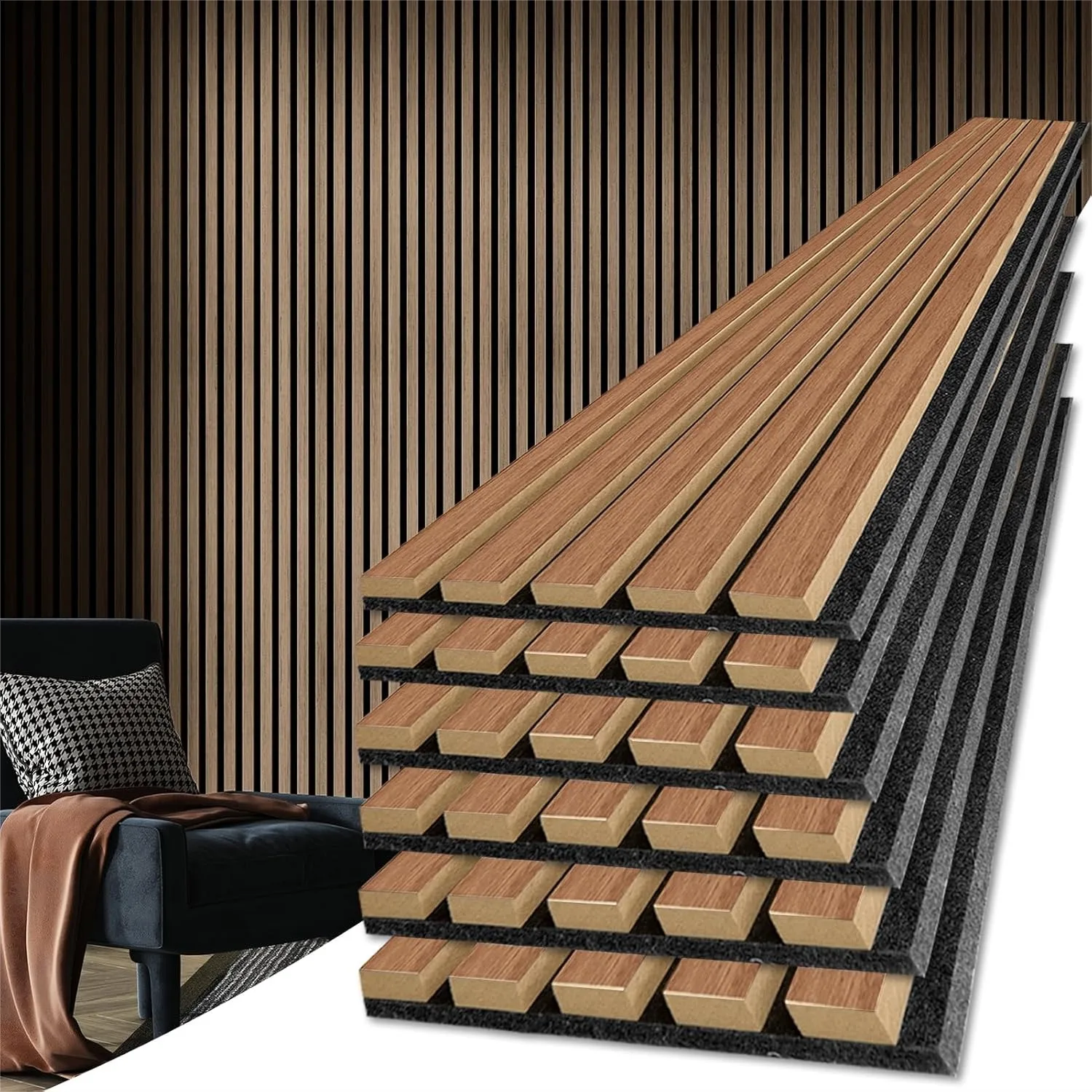 Wood Slat Acoustic Panels for Noise Reduction and Stylish Decor, 3D Textured for Wall and Ceiling, Walnut