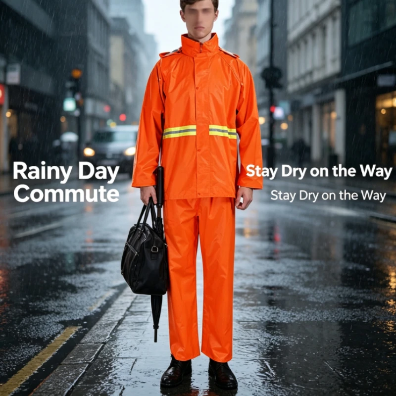 High Visibility Orange Rain Suit With Reflective Stripes For Road Maintenance And Sanitation Worker Safety Protection