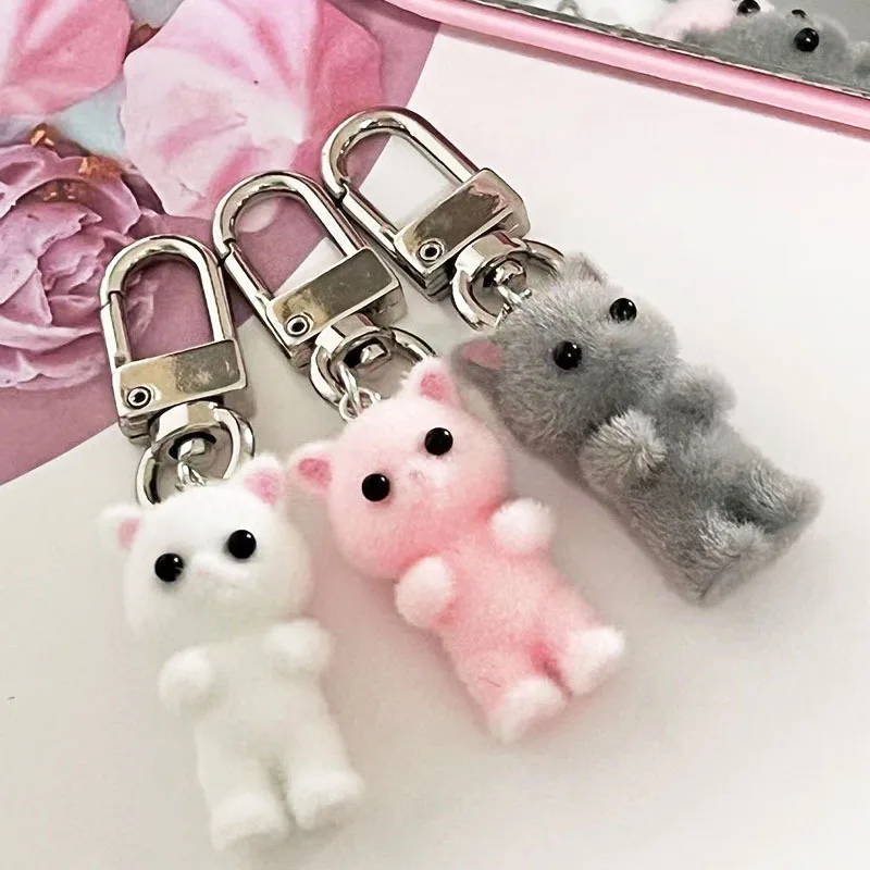 3D Flocking Kitten Keychain Cat Couple Mobile Phone Pendant Car Keyring Earphone Backpack Charms Bag Decor Key Pendant