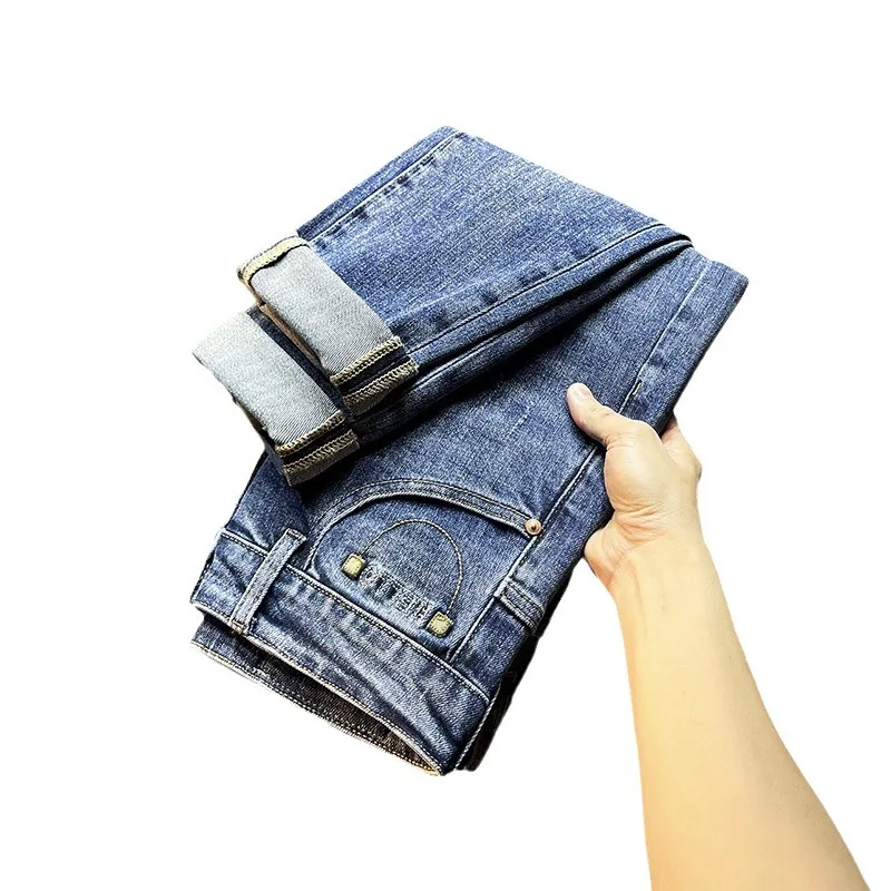 Jeans men's ripped trendy 2024 autumn retro high-end men's denim casual Stretch Slim Fit Ankle tight trousers