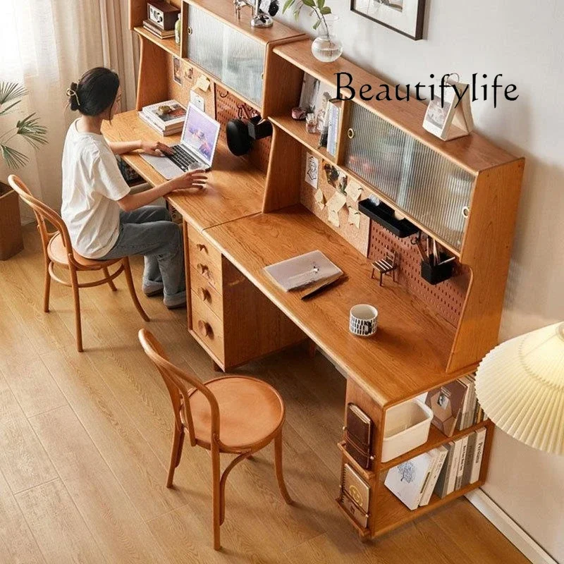 

X Solid Wood Double Desk Bookshelf Combination Modern Computer Desk Cherry Wood Office Study Writing Desk