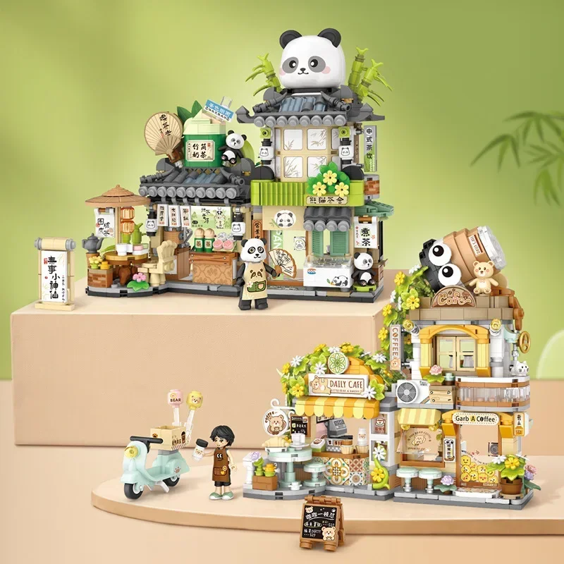 LOZ Creatieve Koffieshop Bouwsteen Sets Stad Street View DIY China Panda Theehuis Model Bricks Speelgoed Voor Kinderen Meisjes Geschenken