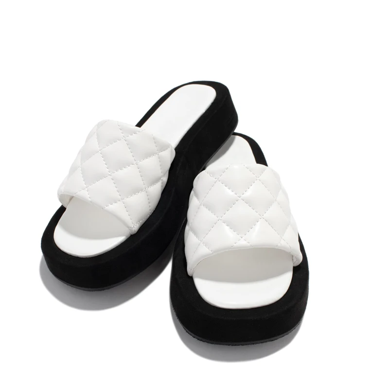 Black Women Chunky Platform Slide Sandals Ladies Quilted Checkered Mules Thick Sole Outdoor Summer Slipper Shoes