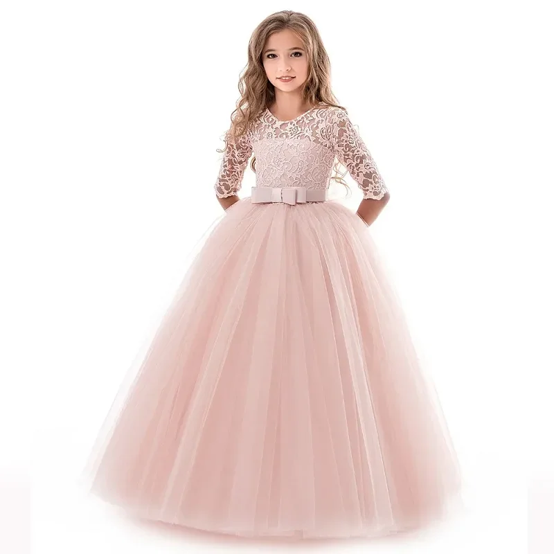 Girl's Dress 6-14 Y Flower Girls Wedding Elegant Lace Prom Bridesmaid Birthday Party Kids Lace Dress Vintage Performance Dresses