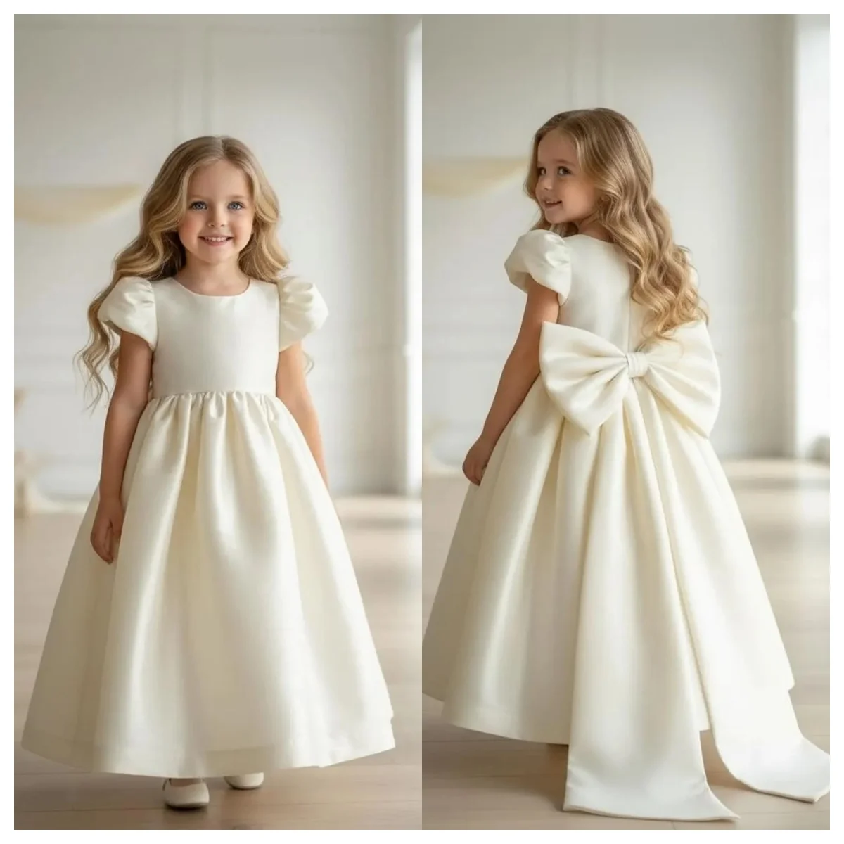 

Elegant Ivory Satin Formal Flower Girl Dress Round Neck Puff Sleeve High Waist A Line First Communion Dress Girls Wedding Dress