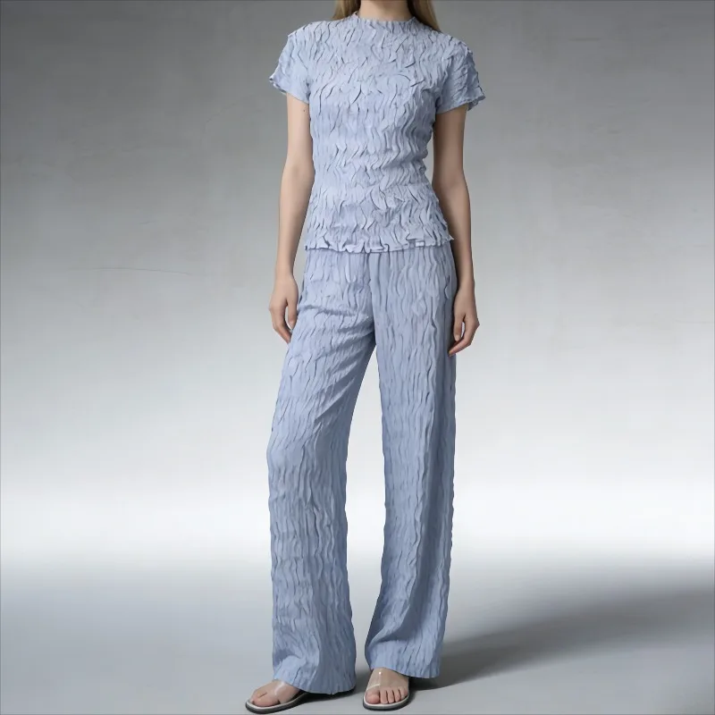 

Костюм с плиссированными брюками Miyake: однотонный комплект с коротким рукавом, новинка 2026 года, универсальный повседневный свободный костюм-двойка с прямыми брюками