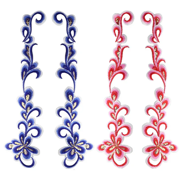 スパンコール刺繍パッチ,長い雲と花,アフリカのレースのアップリケ,ドレスに鉄のステッカー,服の装飾,DIY,青と金,1ペア