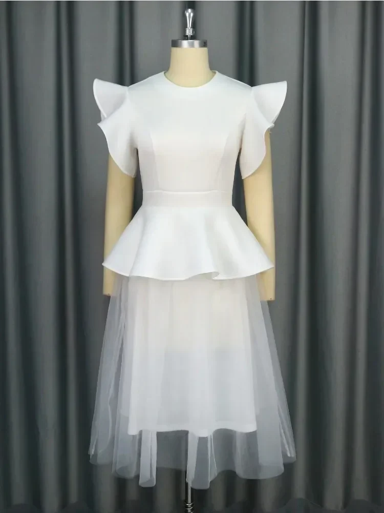 Women's Fashion O-neck White Mesh A Line Dresses Peplum Ruffles Sexy 2025 Short Sleeve Splicing Wedding Guest Gowns New