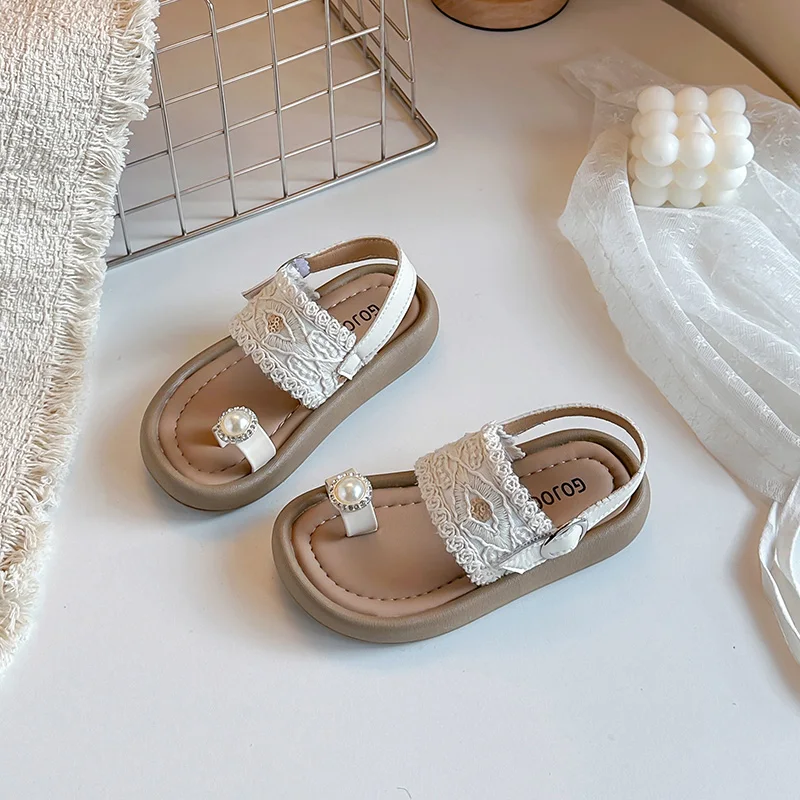 Summer Girls Elegant Sandals Toddler Boho Lace Pearl Kids Princess Sandals Clip-toe Children Platform Beach Shoes Wedding Party