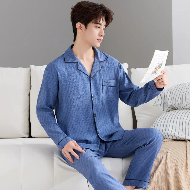 

Men Pajamas Can Be Worn Outside in Spring and Autumn with Simple Printed Long Sleeved Cardigan Set Youth Sleepwear Good Quality