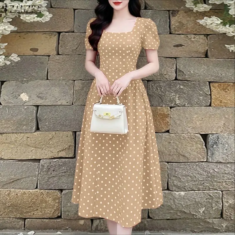 Damen Bohemian Polka Dot Midikleid, elegantes Kleid mit quadratischem Ausschnitt, kurzen Puffärmeln, tailliertem Schnitt, A-Linien-Kleid, ZANZEA Sommerkleid für Damen