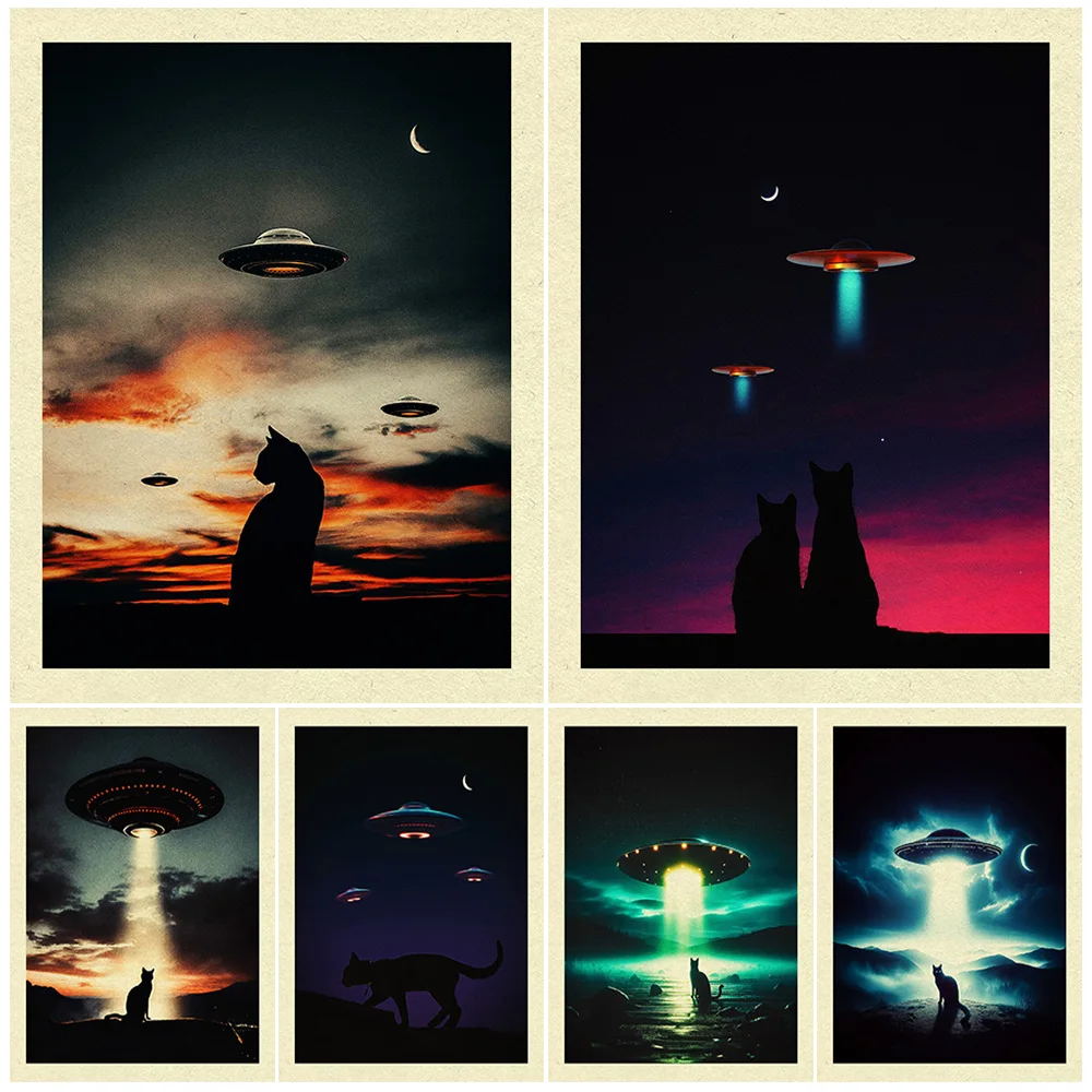 

Black Cat Makes Mysterious Contact With UFO,Vintage Wall Art Canvas Print,Invasion Of Alien Civilization,Gothic Art Poster Print