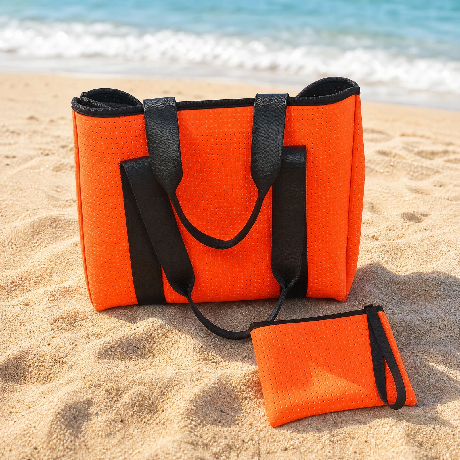 Open-Top Travel Tote with Wristlet Pouch Versatile Beach Tote with Matching Pouch Breathable Lightweight for Vacations