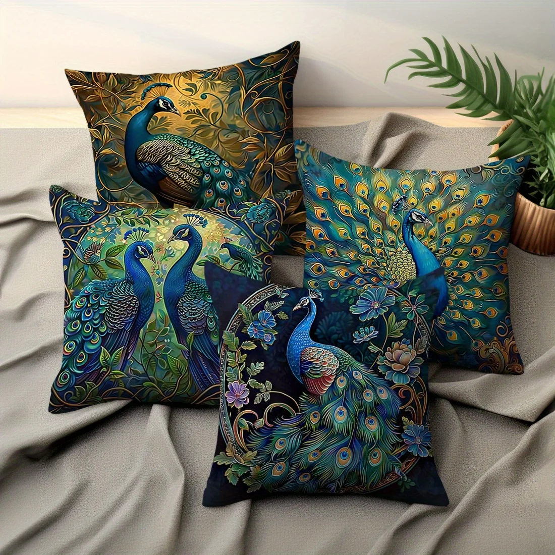 4Pcs Vintage Oil Painting Peacock Pillow Covers - Peach Velvet Single-Sided Printed Cushion Covers for Sofa Decor