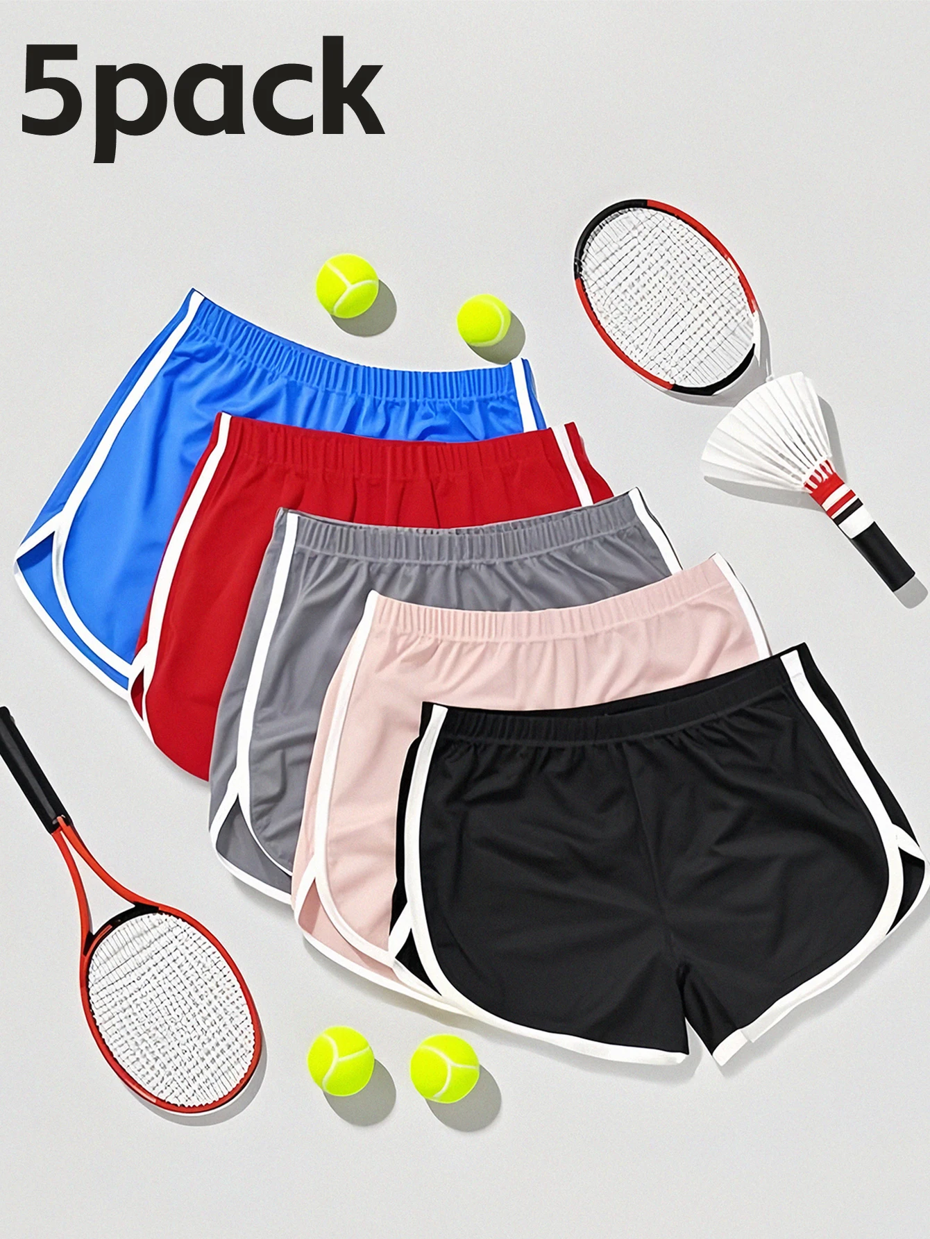 【レディースショーツ5枚パック】ホワイトトリム付きマルチカラーアスレチックショーツ、ヨガ、ランニング、日常着に最適