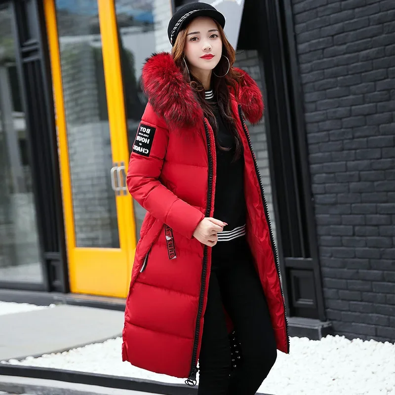 

2025 New Women's Jacket Parka Down Cotton Coats Winter Big Fur Collar Hooded Overcoat Warm Zippers Pockets Slim Long Outerwear