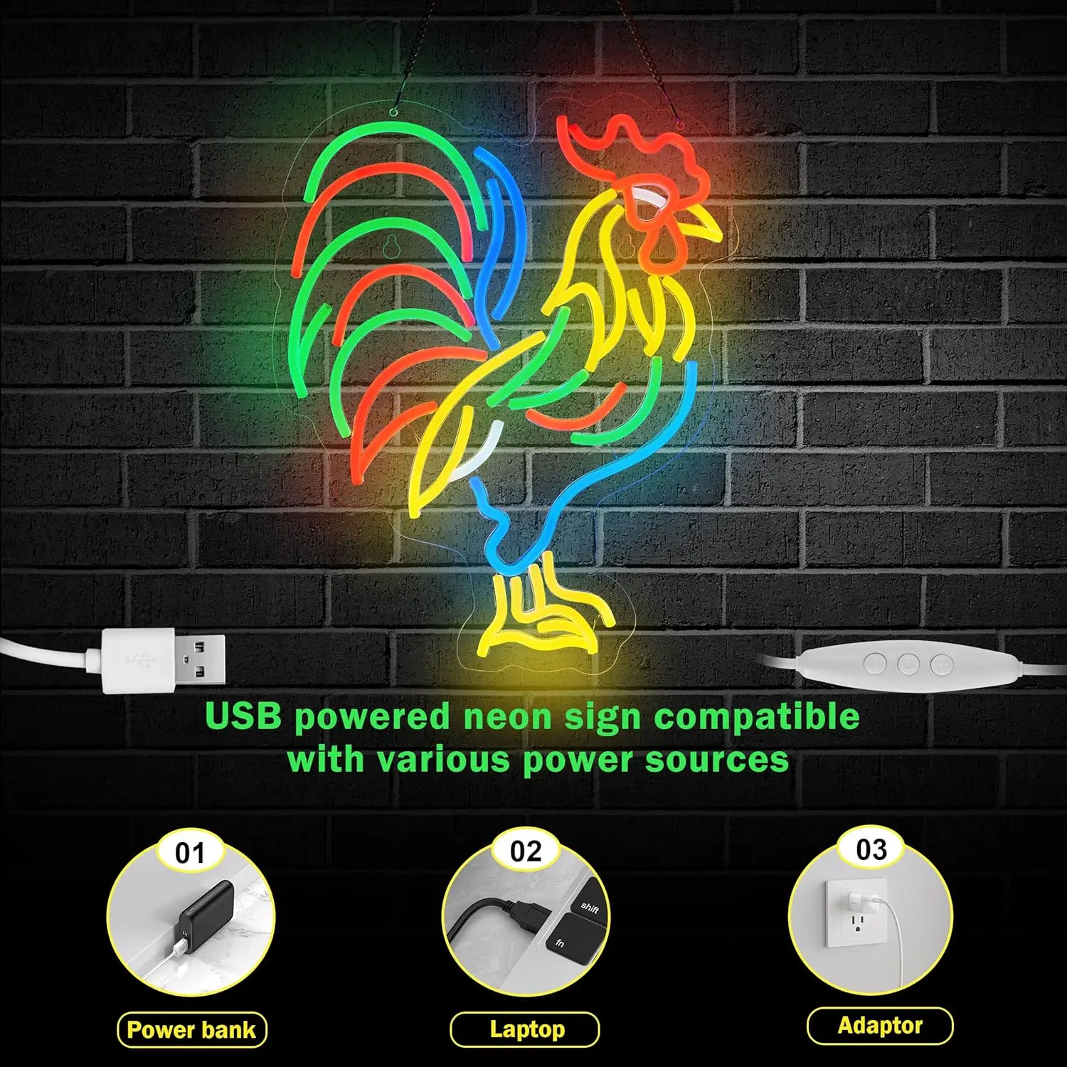 Rooster Neon Sign Chicken USB Dimmable LED Light Up Sign Wall Decor for Man Cave Beer Bar Game Room Lights