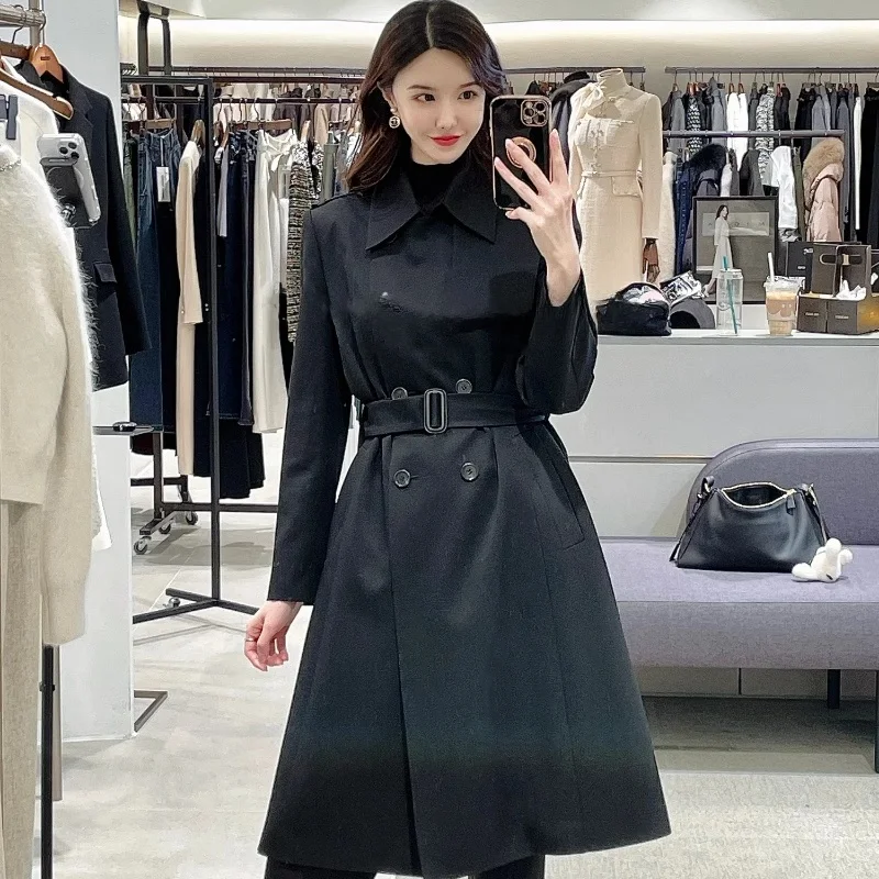 Ele Langer zweireihiger Damenmantel mit Gürtel, mittellanger Umlegekragen, Frühlingsfaion-Oberbekleidung in zwei Farben