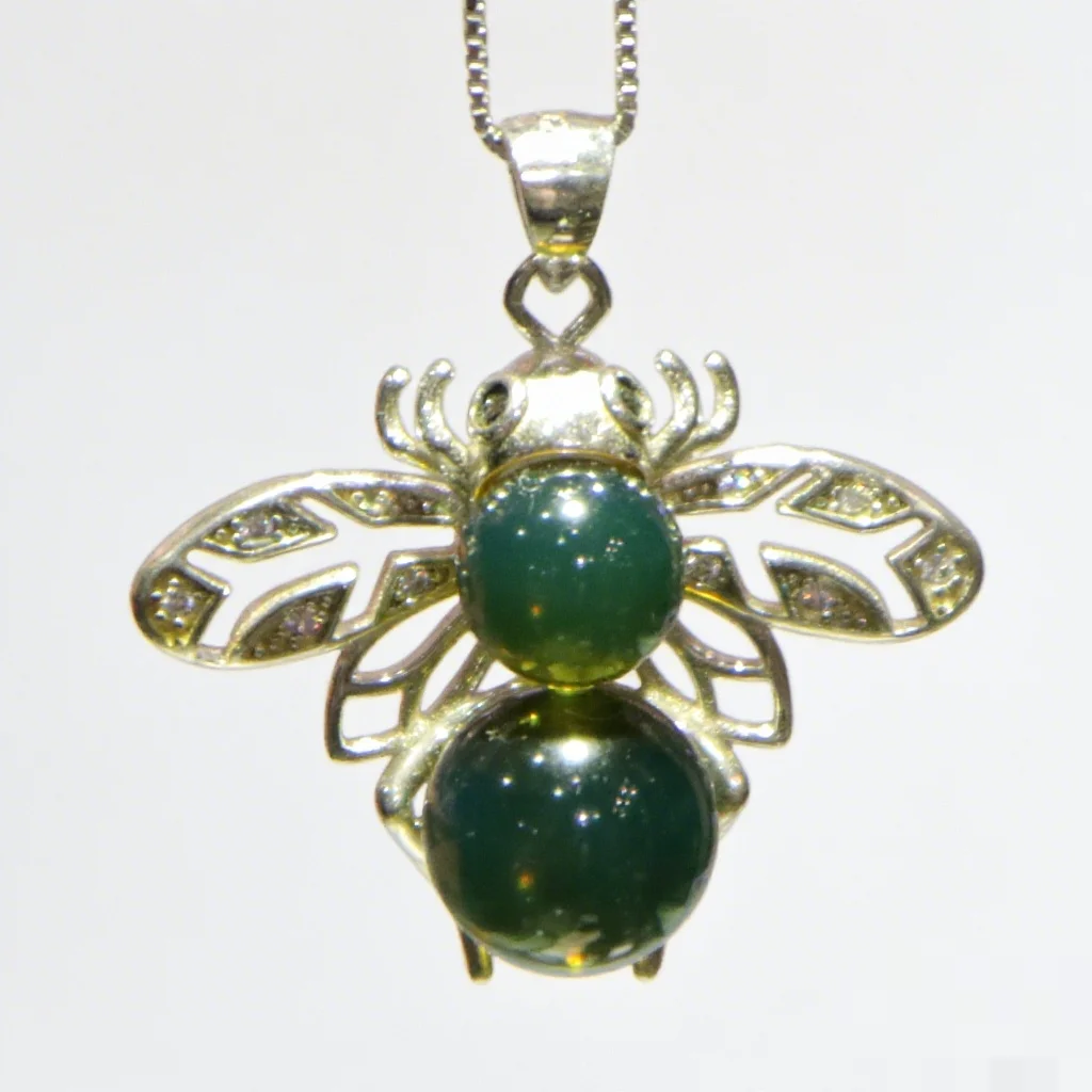 

925 Sterling Silver Natural Blue Amber Mexican Bee Pendant with 8mm and 9mm Round Beads Handmade Jewelry Gift