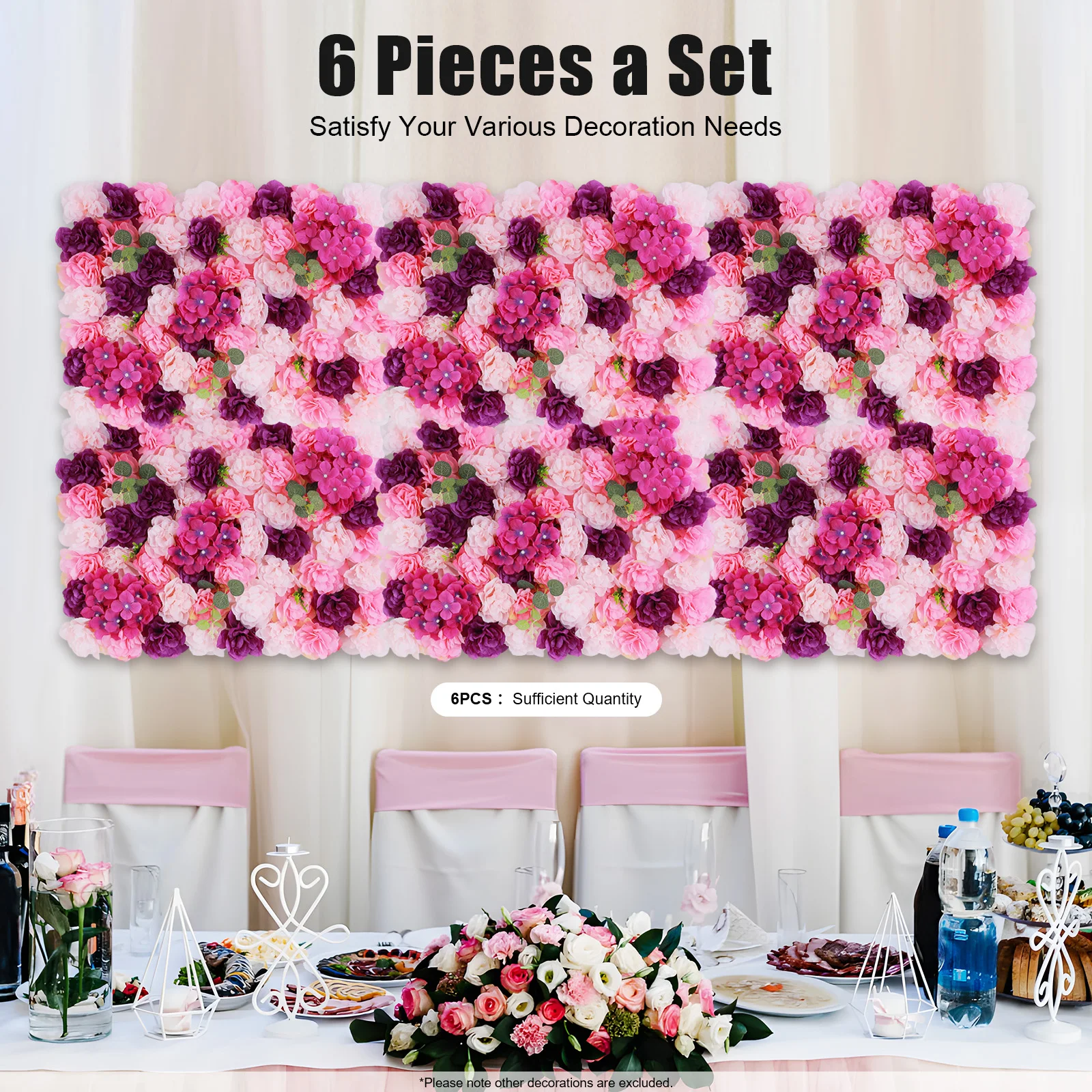 

6 Pcs Artificial Flower Wall Panels Pink Purple Dahlia Hydrangea Eucalyptus DIY Cuttable for Wedding/Party/Home Decor