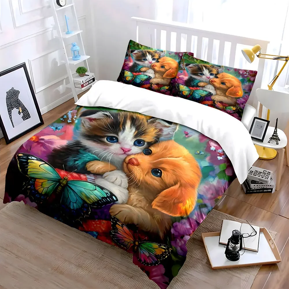 Kitten Puppy Butterfly Decorative Set Multiple sizes kid's and adults' bedroom Exquisite 3PC bedding set, gift