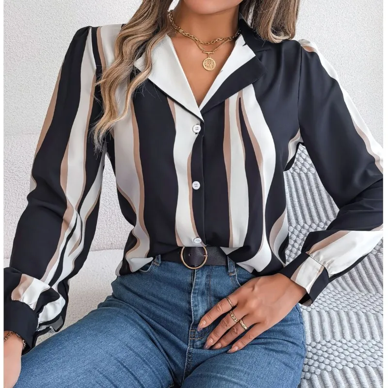 Women Casual Shirts V-neck Long Sleeve Loose Striped Printed Blouse For Spring Autumn Office Ladies Elegant Single Breasted Tops