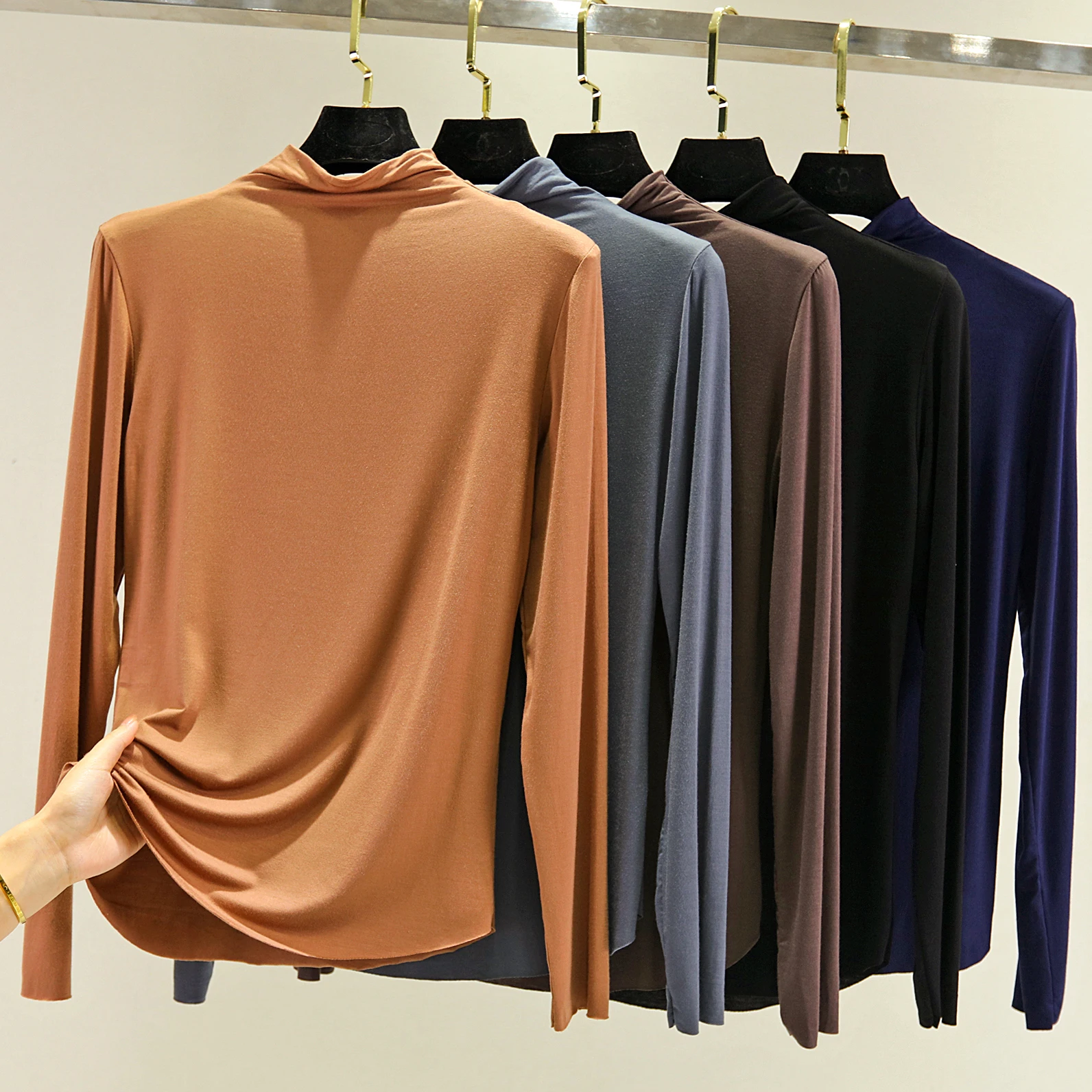 Slim Fit femmes Base irt f col haut Modal mince longue Sve T-irt Faionable toutes les saisons trajet Sle longueur régulière