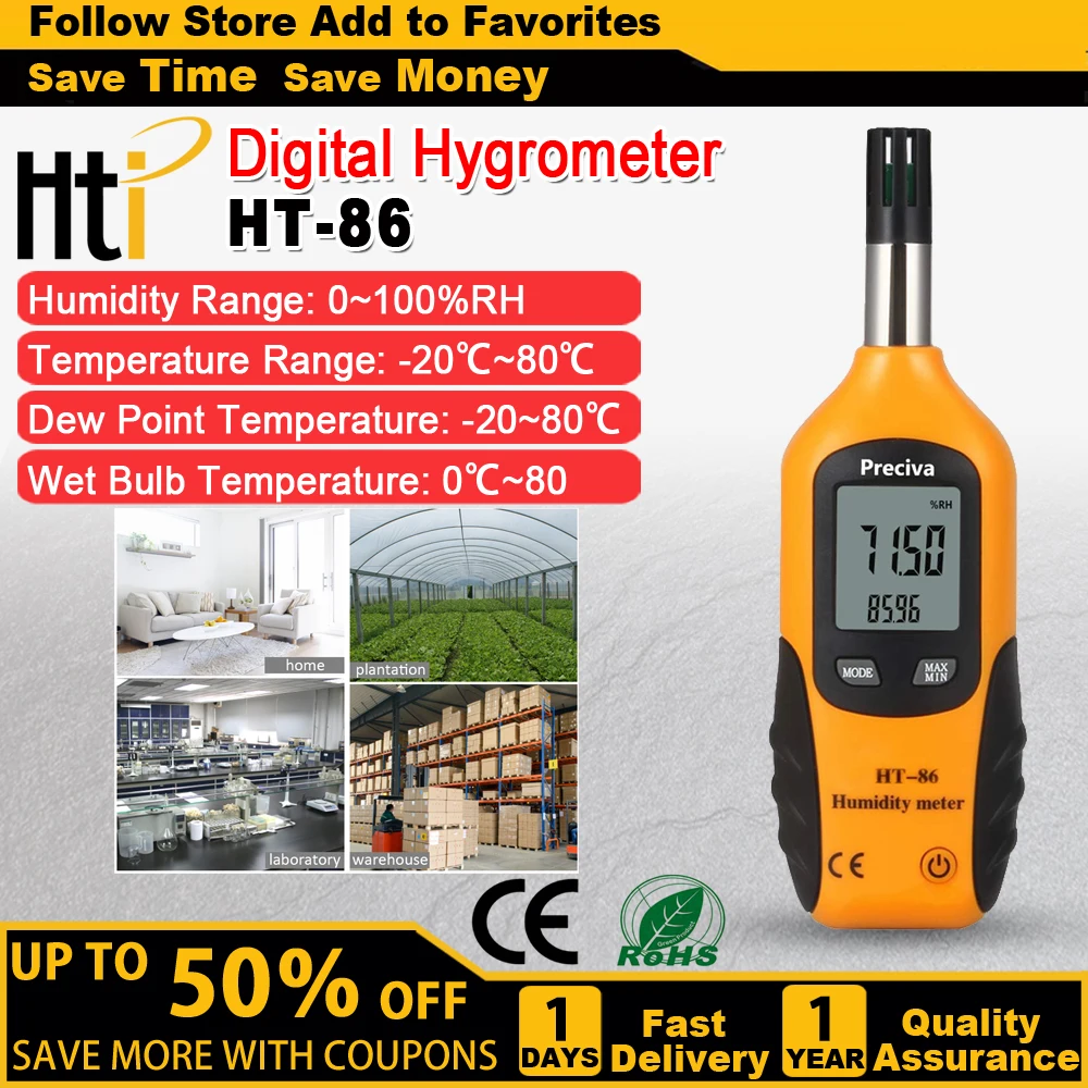 HTI HT-86 Mini Digital Thermometer And Hygrometer Temperature And Humidity Meter Air Quality Meter Handheld And Portable