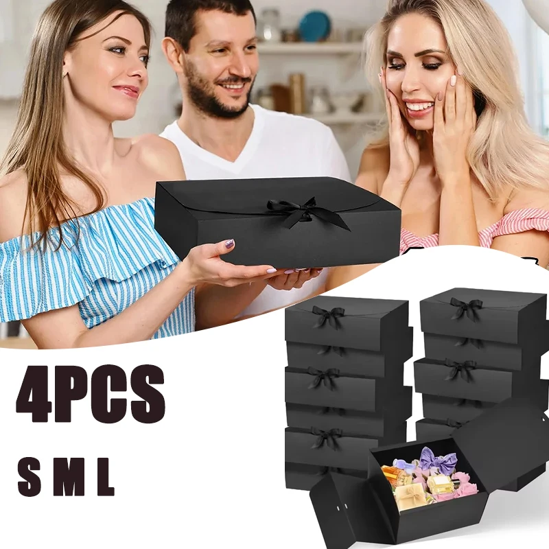 4 unid/set caja de regalo negra con tapa caja de decoración de regalo de fiesta caja de propuesta de dama de honor con cinta cajas de galletas de caramelo de Navidad y Halloween
