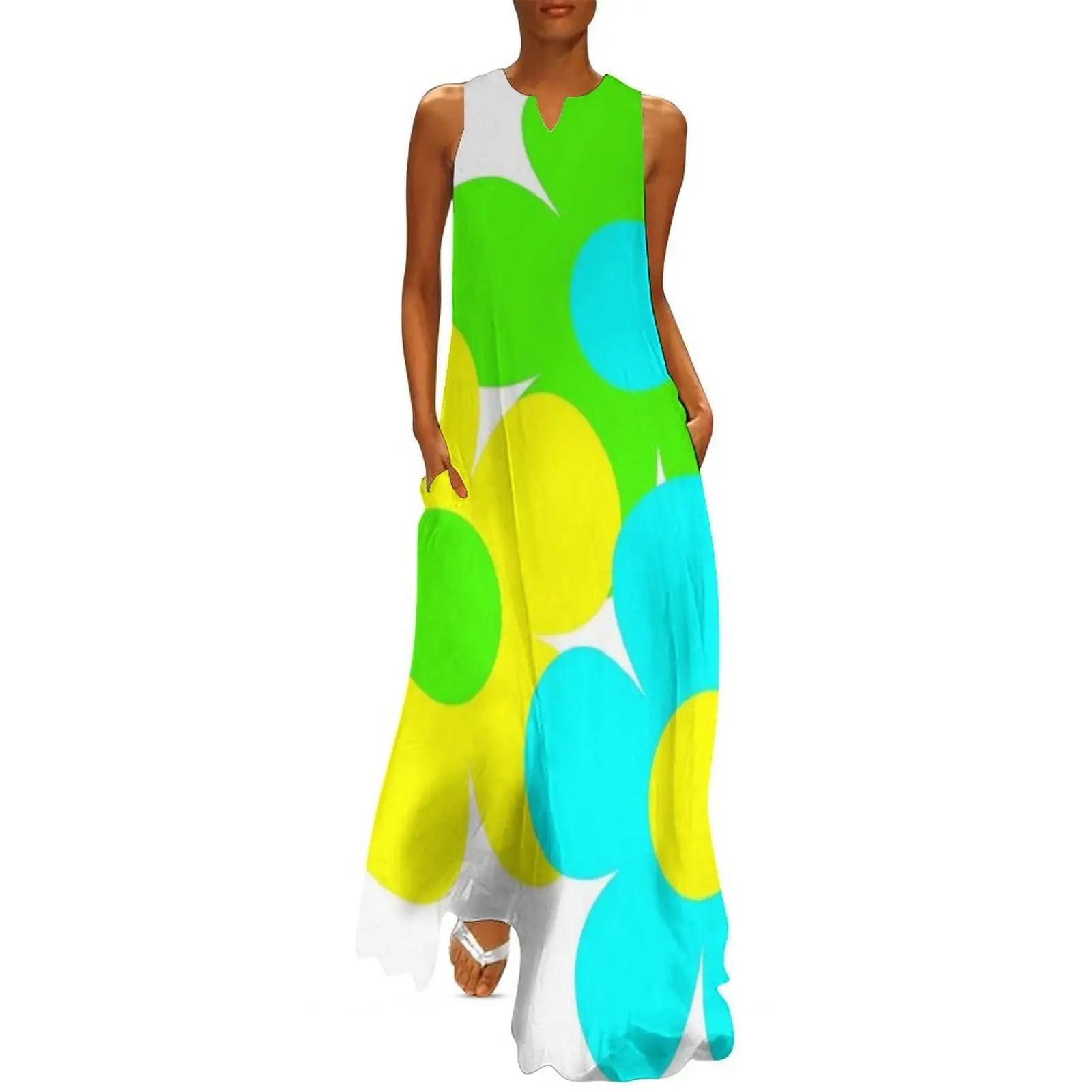 

60's Flower Power Pop Flowers in Blue, Green and Yellow Long Dress summer dresses ladies 2025 clothes for women