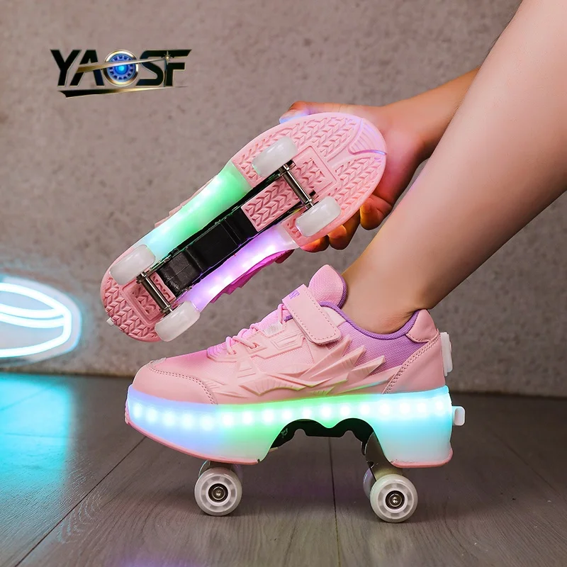 Upgraded version of children's and teenagers' walking shoes, one click retractable wheels, encrypted light beads, dazzling light