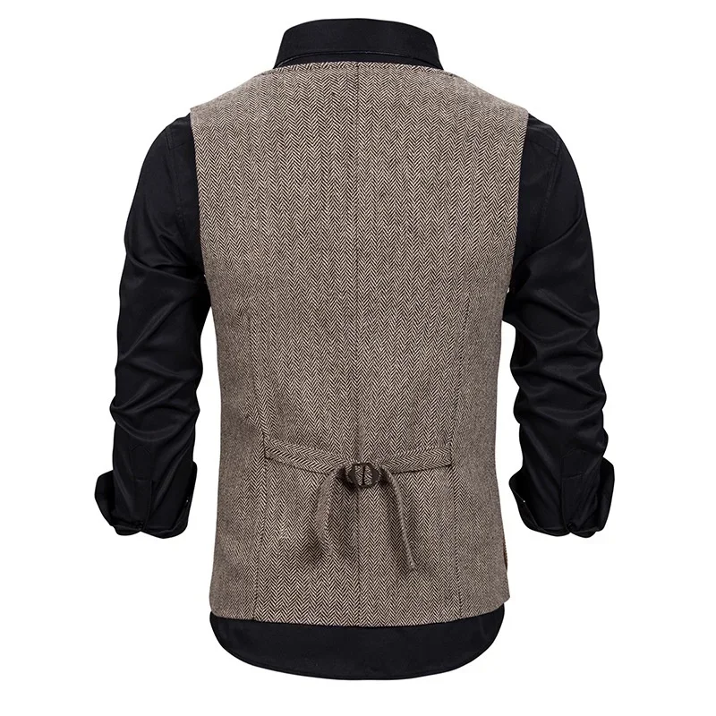 Men\'s Suit Vest Brown Wool Tweed Business Waistcoat Jacket Casual Slim Fit Gilet Homme Vests For Groosmen Man Wedding