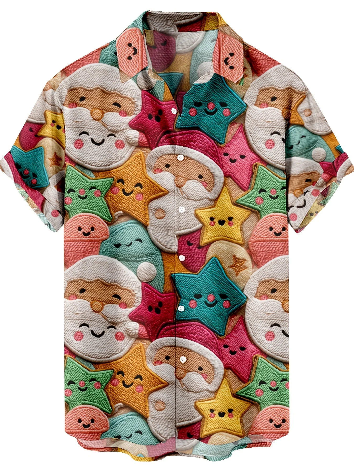 Cartoon Stitched Santa Smiley Star Cookie Pattern Unisex Short Sleeve Blouse Camp Collar Loose Holiday Shirt