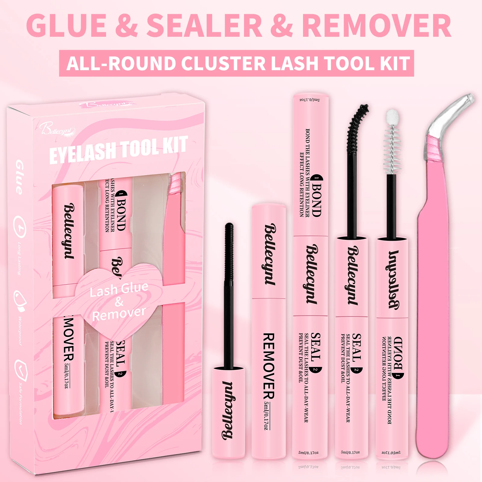 Bellecynl Lash Bond e Selante com Removedor e Pinça, Kit de Cola para Cílios 2 em 1, Adesivo para Cílios à Prova d'Água com Fixação Forte e Precisão