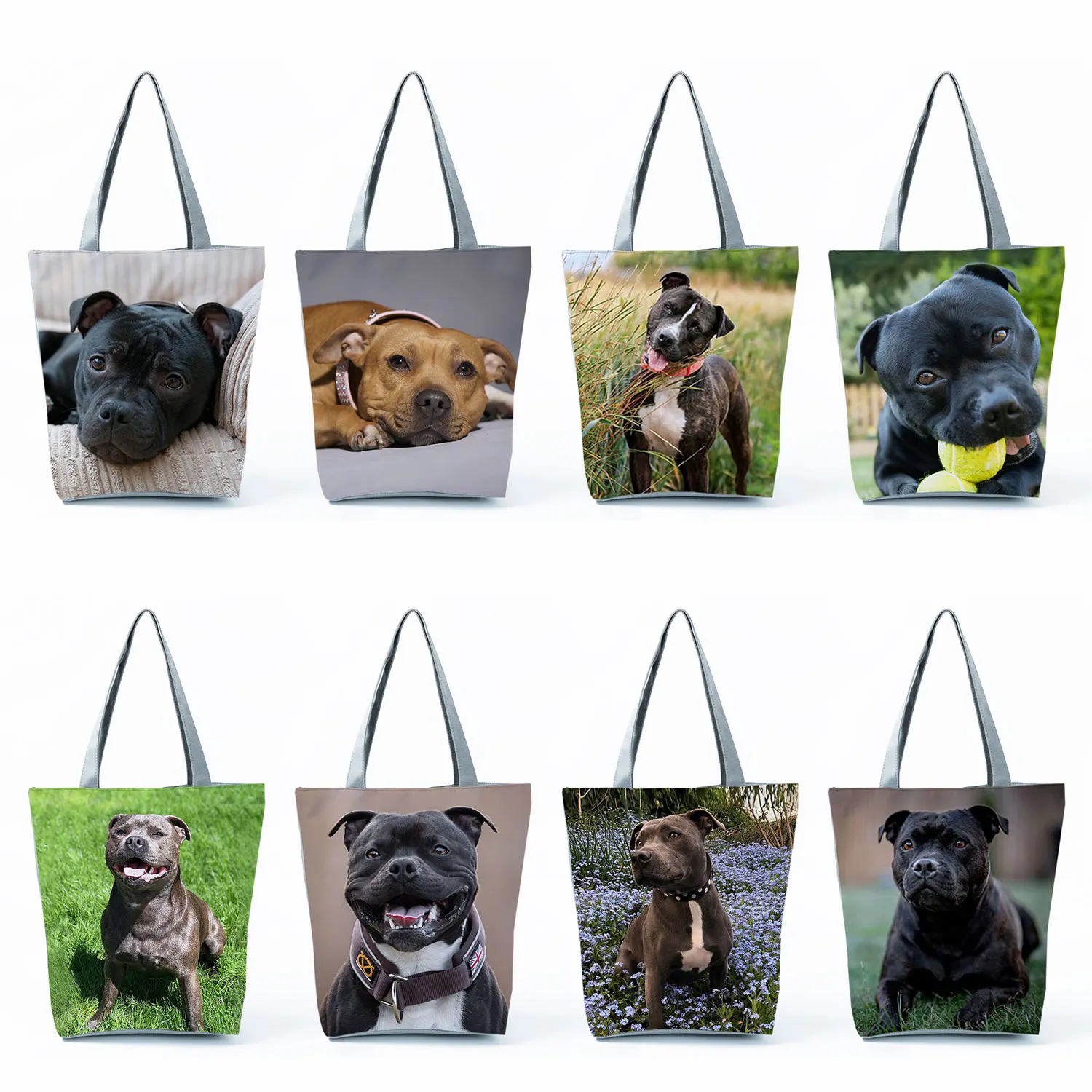 Cute Dog Print Handbags High Capacity Women Beach Tote Bags Portable Animal Staffordshire Bull Terrior Eco Reusable Shopping Bag