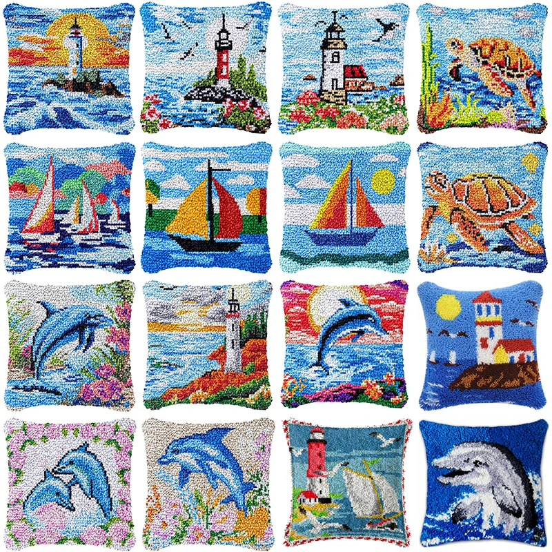 Sailboat Dolphin Pillow Latch Hook Cushion Smyrna Button Package Embroidery Pillow Foamiran For Needlework Pillow Embroidery Set