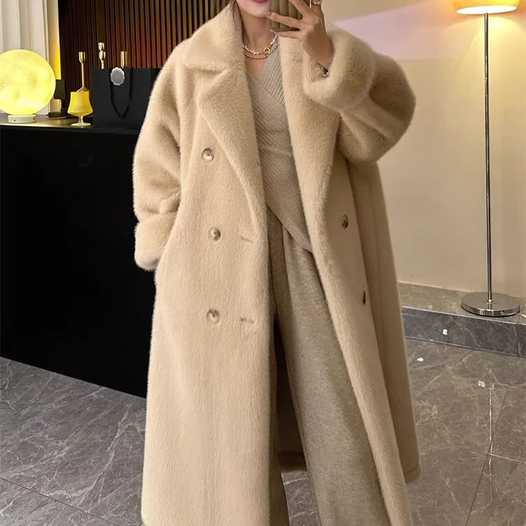 

Notched Lapel Long Coat 2024 Autumn Winter Faux Rabbit Fur Thick Warm Elegant Style Eco Friendly Fur Jacket Women Outerwear