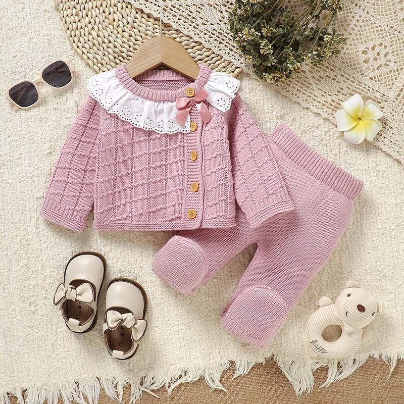 Baby Mädchen Kleidung Winter Rosa Langarm Strick Neugeborenen Pullover Oberteile+Hosen Outfits Sets 2-teilig 0-9m Strickwaren