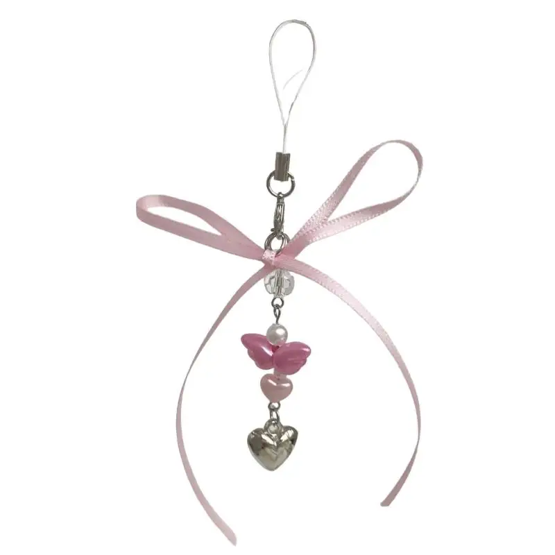 A52E Charm-Handykette in Herzform aus Silber, verziert mit Engelsflügel und Band – Detail 5