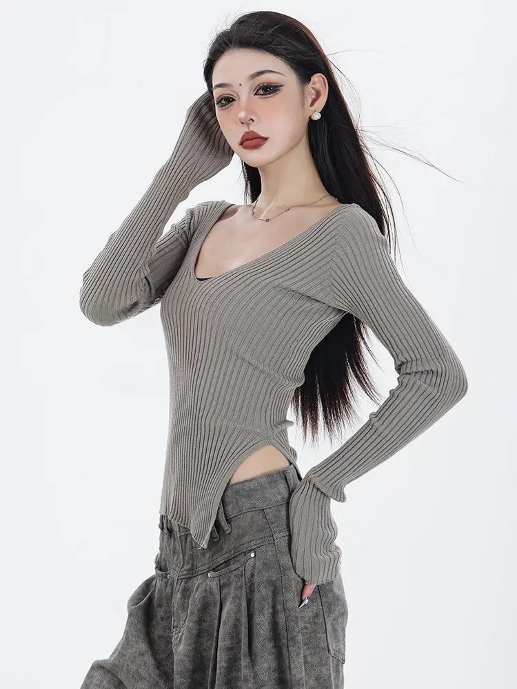 Y2k Gyaru Knit T Shirts V Neck Long Sleeve Solid Color Forked Female Slim Tops Spring Autumn Fashion Vintage 2024 Women Clothing