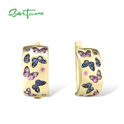 SANTUZZA Real 925 Sterling Silver Earrings For Women Sparkling Blue&Pink Butterfly Innovative Wedding Engagement Fine Jewelry