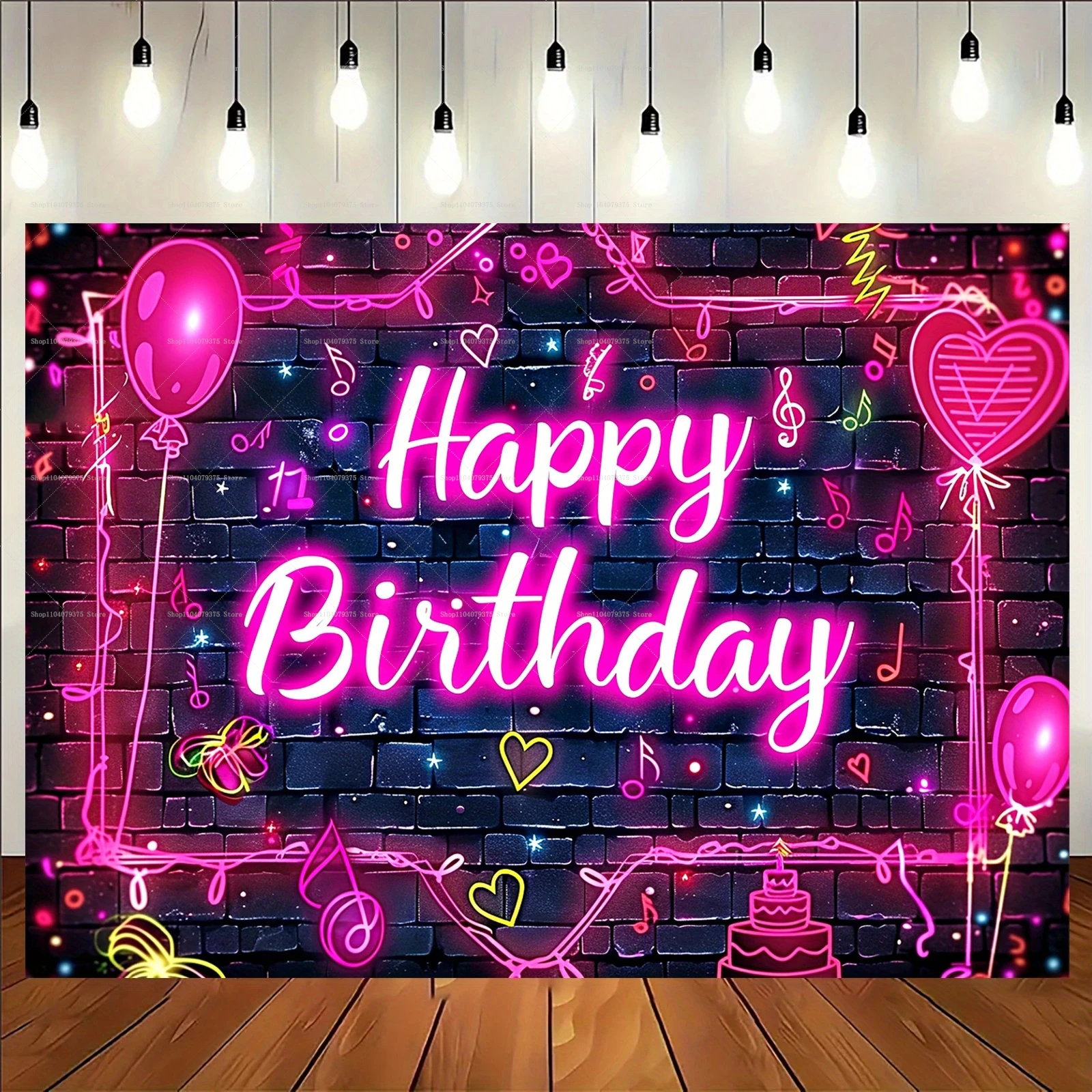 Neon Happy Birthday Photography Background Neon Glow Splash Graffiti Photo Booth On Brick Wall Decorated In Dark Party Night