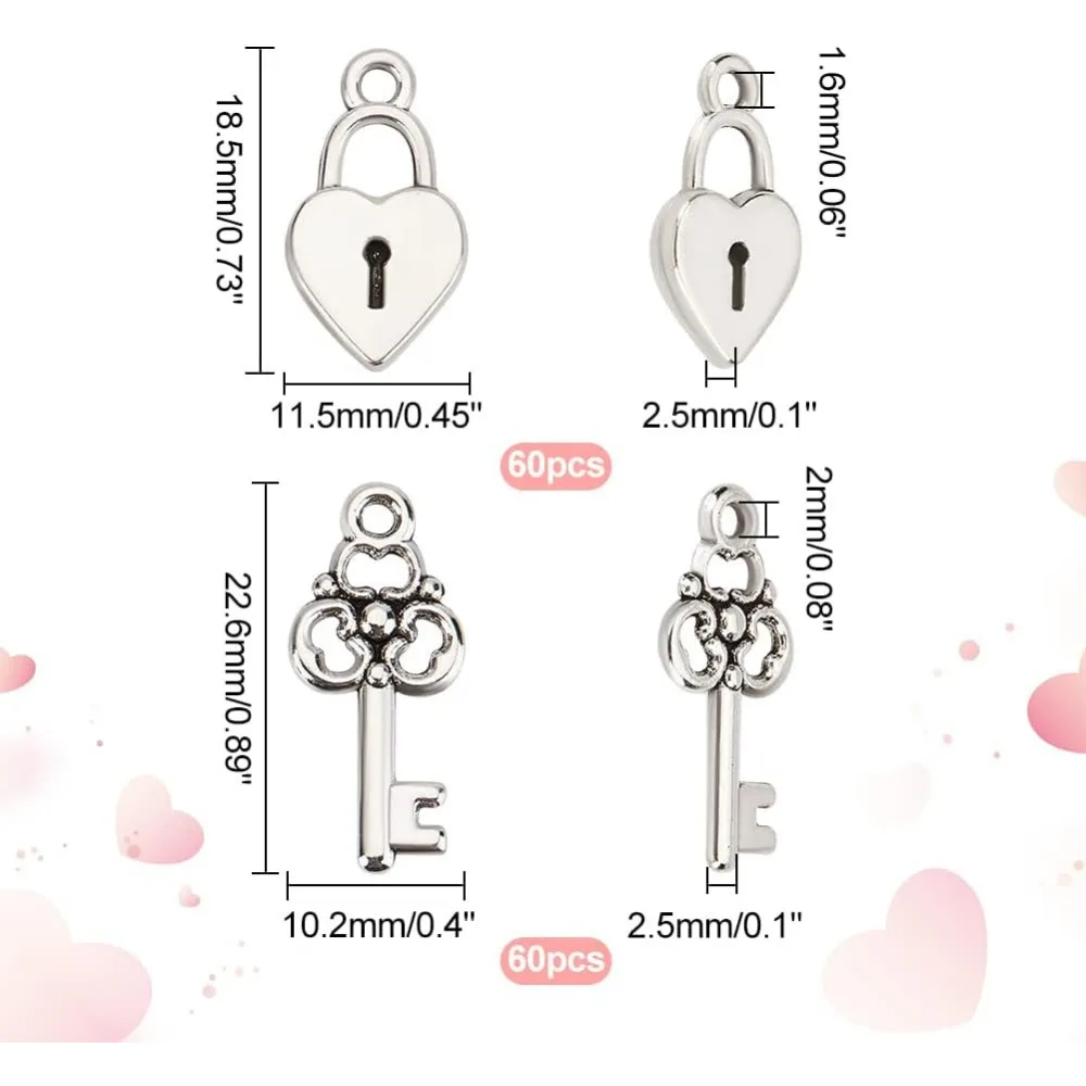 120Pcs Vintage Filigree Skeleton Key Heart Lock Charm Set Antique Silver Heart Shape Padlock with Key Pendant Charms for