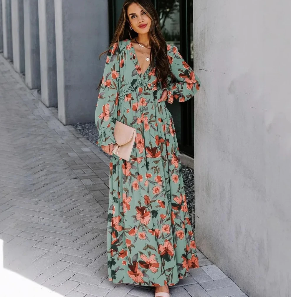 Abiti estivi con scollo a V stampati di nuova moda per le donne Streetwear Trend Elegante abito lungo da fata a maniche lunghe Abbigliamento femminile