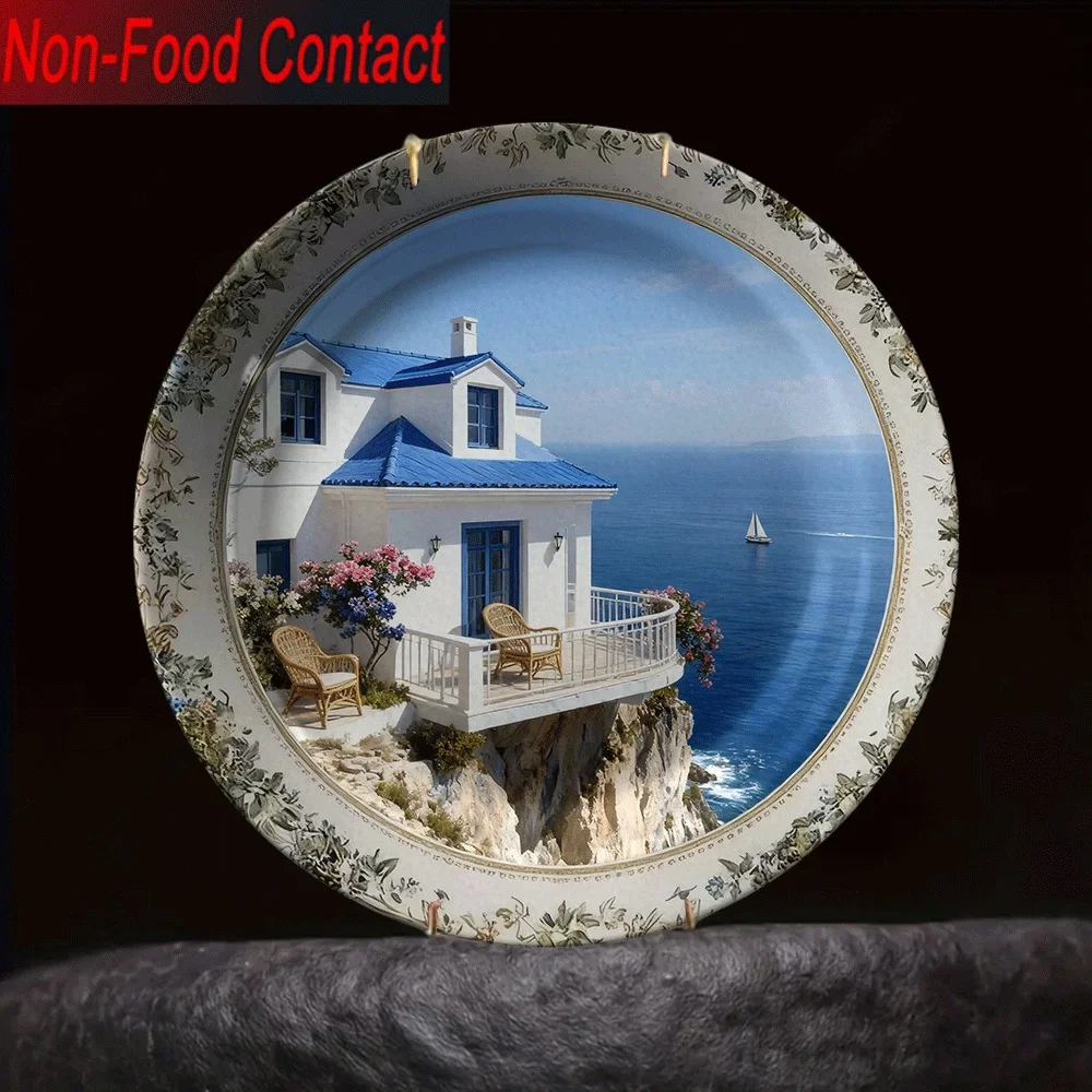 1pc Mediterranean Greek Island Ceramic Decorative Plate - White & Blue Greek Villa & Sea Cliff Design, Round Non-Food Contact