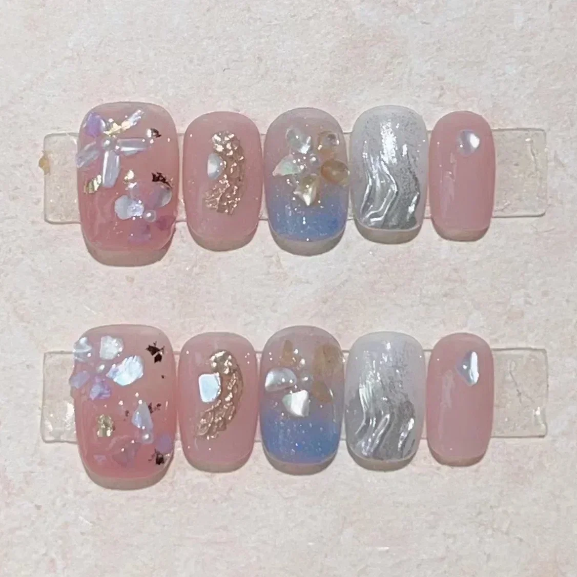 Uñas postizas hechas a mano, 10 piezas, cobertura completa, cristales dulces, diseño de bailarina francesa corta, manicura, puntas de uñas artificiales