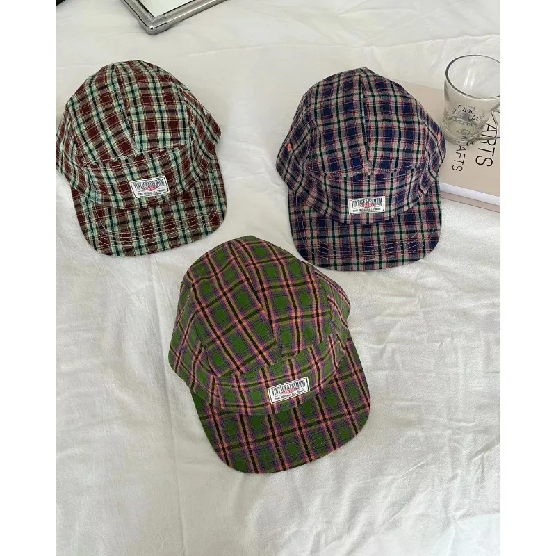 

Japanese Mixed-color Plaid Labeling Baseball Cap Spring and Summer Retro Niche Fashion Sunshade Casual Adjustable Flat Edge Hat